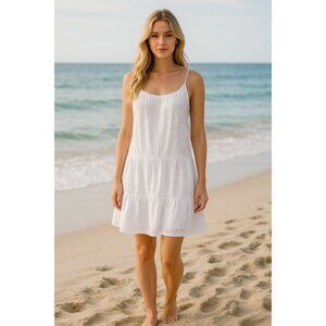 Unsubscribed White Eyelet Drop Waist Sundress Spaghetti Strap Cotton Dress Med